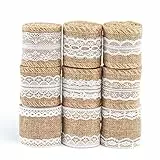 Naler Spitzenband Vintage Juteband Leinwand Band mit Weißer Spitze Natürlich Dekoration für Geburtstag Hochzeit Party (9 Rollen x 200cm)