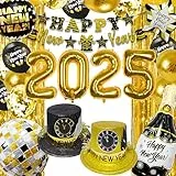 Schwarz Gold Silvester Deko Set XXL 2026,XXL “FROHES NEUES JAHR” Huts, Happy New Year Banner,Neujahr Foil 2026 Ballons, Neujahrsdeko