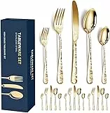 Aoresac Besteck-Set für 4 Personen, 20 Stück, aus Edelstahl, poliertes Muster, mit Blumenspiegel, inklusive Messer, Gabel für Küche, Restaurant, Party (Gold2)