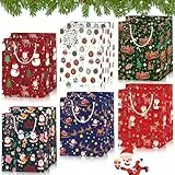 ZZXLOPEZ Geschenktaschen Weihnachten 12 Stück, Papier Tragetasche, Tasche Weihnachtlichem Aufdruck mit Weiß Kordel und Namenskarte, Weihnachtstüten 23x19x10cm, Für Weihnachtsfeier, Geburtstagsfeier