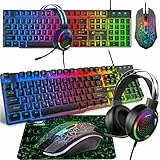 Gaming Tastatur Headset & Maus Set, 104 Tasten Rainbow Backlit UK Layout Tastatur 2400DPI Maus 7.1 Surround Sound RGB Leichte Waben Headset Mauspad Kombination für PS4 XBox(Need Adapter) Schwarz