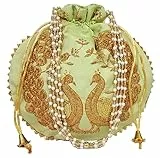 Purpledip Silk Potli Bag (Clutch, Drawstring Purse): Aufwendige Goldfaden & Pailletten Pfau Stickerei Satchel für Damen, Limettengrün (11474C), Lindgrün, Large