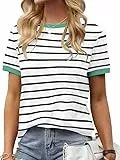 Fisoew Damen Streifen T Shirt Rundhalsausschnitt Kurzarm Basic Stripe Tee Tops Grün XXL