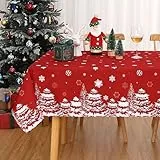 CAROMIO Rote Weihnachtstischdecke, rechteckig, wasserabweisend, Schneeflocke, Weihnachts-Tischdecke mit Kiefernmuster, abwischbare Tischdecke für Weihnachten, Neujahr, Dekoration, Weihnachtsfeier,