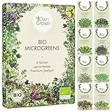 Microgreens Samen Set von OwnGrown - 8 Sorten BIO Sprossen und Mikrogrün Saatgut im Microgreens Starter Set - Alfalfa, Rucola, Kresse für Kresse Anzuchtschalen uvm - Sprossen Samen
