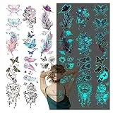 Acevegue 18 Blätter Temporäre Tattoos Set, Blue Leuchtende Schmetterling Feder Rose Blumen Fake Tattoos aufkleber für Erwachsene Männer Frauen, Party Favors Nachtclub Kneipe