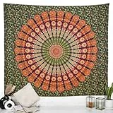 RAJRANG BRINGING RAJASTHAN TO YOU Pfauen-Mandala-Wandteppich, Wandbehang, 228,6 x 274,3 cm, goldgrün, für Schlafzimmer und Wohnzimmer, Baumwoll-Wandteppiche