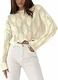 Saodimallsu Damen Strickpullover Rundhals Pullover gehäkelte ausgehöhlte Blusen Elegante Sweateshirt Langarm Lässig Oberteile Einfarbig Pulli Beige S