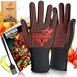 KESSER® Grillhandschuhe XXL, auch für Topf und Kamin, hitzebeständig bis 500°, atmungsaktiv, Rutschfester Griff, Aramid-Gewebe, maschinenwaschbar, inkl. Rezeptbuch & Kochpinsel, Größe M-L, Rot