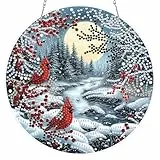 KEYIFA 5D Diamond Painting Erwachsene Set,Winterlandschaft mit Kardinal Diamond Painting Beidseitig Anhänger,DIY Kristall Anhänger Lesezeichen Bastelset, Hängende Diamantmalerei Kit für Wohndeko