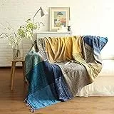 ele ELEOPTION Chenille Überwurf Decke, Jacquard Quasten Überwurf Decke Sofa Stuhl Bezug Dekorative für Bett Couch, Sessel, Folk Tribal Muster (Blau, 220 x 250 cm)