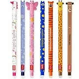 LEGAMI Set mit 7 radierbaren Gelstiften mit thermoempfindlicher Radiertinte, verschiedene Tintenfarben und Schaftdesigns, 0,7 mm Spitze, Einhorn, Nilpferd, Schmetterling, Corgi, Tiger, Giraffe,