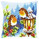 VERVACO Kreuzstich Stickpackungen Kissen Stickerei Set Anfänger Vorgedruckt Rotkehlchen mit Lampe DIY Set Kreativ Set Für Erwachseneca. 40 x 40 cm Bastelset Handwerker Haus Dekoration