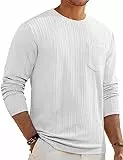 Elegancity Herren Pullover Textur Weiß O-Ausschnitt Sweatshirt Einfarbig Langarmshirt Ohne Kapuze Stretch Tee Shirts Mit Tasche L