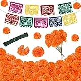 HONMOK Tag der Toten Dekorationen 60 Stück künstliche Ringelblumen-Blumen Kopf mit Stielen & Tag der Toten Banner, orange Ringelblumenstrauß Girlande DIY-Projekte für Halloween Diwali mexikanische