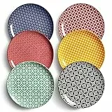 DOWAN Speiseteller 6er Set, Ø 21,5 cm Porzellan Dessertteller und Salatteller, Servierteller für Vorspeisen, Frühstücks, Kuchen, Snacks, Mikrowelle, Backofen und Spülmaschine-Leuchtenden Farben