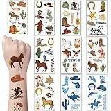 Qpout 10 Blätter Cowboy Temporäre Tattoos Westernpferd Rodeo Hüte Stiefel Gesicht Fake Tattoos, Jungen Cowboy Handwerk Western Party Temporäre Tattoo Pferd Aufkleber
