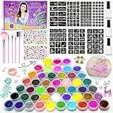 Glitzer Tattoo Set, 48 Farben Temporäre Glitzertattoo mit 204 Schablonen, 5 Pinsel, 3 Kleber und 218 Strasssteinen Wasserdichte Tattoos für Partys