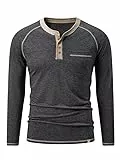 Meilicloth Langarmshirt Herren Baumwolle Henley T-Shirt Hemd Taste Knopfleiste mit Taschen Schwarz XL