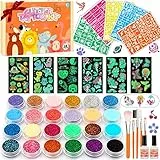 Glitzer Tattoo Set Kinder, Temporäre Glitzertattoos Mädchen -60 Leuchtende Kindertattoos, 24 Farben, 150 Schablonen, Glitzer Make Up Kit für Karneval Geburtstag Partys, Geschenk 5 7 8 11 Jahre
