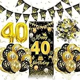 40. Geburtstag Dekorationen Banner und Konfetti - Lange Banner Hintergrund in Schwarz und Gold, 40 Luftballons
