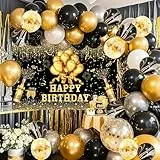 YinQin 63 Stück Schwarz Gold Glückwunsch Geburtstagsfeier Ballons Set mit Foto Hintergründe Banner Tuch Konfetti Ballon Schwarzes Goldene Glückwunsch Geburtstagsfeier Dekorationen für Männer Frauen