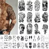 Yazhiji 36 Blatt Temporäre Tattoos Aufkleber, 12 Blatt Gefälschte Körper Arm Brust Schulter Tattoos für Männer oder Frauen mit 24 Winzige schwarze