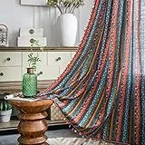 Freyamy Vorhang 160x150cm Boho Bunt Grün Baumwolle Leinen Landhausstil Vintage Vertikale Streifen Blickdicht Gardinen mit Beige Quasten 2er Set Geometrisch Makramee Verdunklungsvorhänge Bauernhaus