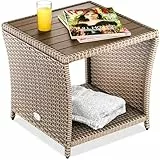 Casaria® Beistelltisch Creme Wetterfest Klein Holz Polyrattan Akazie 45x45x40cm 80kg Belastbarkeit Outdoor Tisch Gartentisch Balkontisch Gartenmöbel