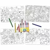 merka Zeichenblock für Kinder Platzset 4 Matten mit 7 Markern Jungle Space Sea Unicorns Lernplatzset für den Ess- und Küchentisch für Kinder und Kleinkinder im Alter (Space & Jungle, 4 Pack W/Markers)
