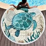 LXTOPN Rund Strandtuch, Meeresschildkröte Microfaser Strandhandtuch für Stranddecke Badetuch Yogamatte Campingdecke Picknickdecke Handtücher mit Quasten, 150cm (Blau-Schildkröte 2)