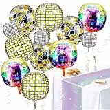 Meetory 12 Stück Discokugel Luftballon, Discokugel Deko Heliumballon mit Tischläufer Glitzer, 4D Folienballon, Bunte Disco Ballons Party Deko Geburtstag für Erwachsene Neujahr Deko Geburtstag Karneval