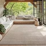HomebyHome Teppich Wohnzimmer, Schlafzimmer, Wintergarten, Kurzflor Beige, Hoch-Tief-Effekt, weich & waschbar, Outdoor geeignet, 160x230 cm
