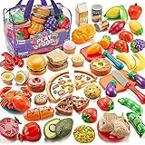 Laugigle Pretend Play Food für Kinder Küche, 78-teiliges Spielfutter-Set für Kinderküche mit Lagerung Tasche, gefälschte Lebensmittel mit Pizza Spielzeug, kinderküche zubehör, Jungen Mädchen Geschenk