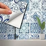 WALPLUS 24 Stück 15x15cm Blue Turkish Mediterranean Wandfliesen Aufkleber Küchenrückwand Selbstklebende Fliesen Küche Bad Dekoration Fliesenfolie Fliesenabziehbilder