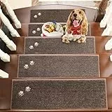 BEQHAUSE Stufenmatten Innen rutschfest 15 Stück, Maschinenwaschbare Treppenteppich Selbstklebend Stufenteppich für Kinder, Älteste und Haustiere, 100% Polyester TPE -Rücken, 22X70cm, Braun