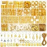 Qinzave 285 Stück Goldener Haarschmuck für Zöpfe, Gold-Dreadlock-Schmuckzubehör, Zopfschmuck mit goldenen Anhängern, Loc Schmuck für Haar-Dreadlocks Goldringe Manschetten, Clips für Dreadlock-Zubehör