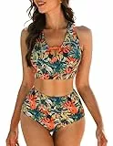 JASAMBAC High Waist Bikini Damen,weicher Badeanzug, V-Ausschnitt Bikini-Oberteile und Bikini-Unterteile, Cut Out Bademode, Bedruckte Badebekleidung, Bauchweg Badeanzüge, gepolsterte Strandbekleidung