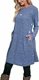 Aokosor Strickkleid Damen Langarm Kleider Pulloverkleid für Damen Tunika Kleid Jumper Kleid mit Knöpfen und Taschen Blau M