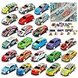 MUXIWOM Auto Spielzeug Set, 24 Stück Cars Spielzeug, Mini Spielzeugautos Aufziehautos mit 28 Straßensperre, Autos Zurückziehen Fahrzeuge, Stile Variieren, Geschenk für Kinder ab 3 4 5 6 7 8 Jahre