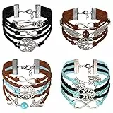 Aroncent 4er Unisex Armband Infinity Armkette Lebensblume Damen Armband Leder Flügel Lederarmband Schwarz Leder Wickelarmband Vintage Charm Armband Leder mit Unzertrennliche, Katze, Schmetterling
