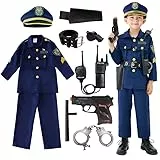 Udekit Polizei Kostüm Kinder mit Walkie-Talkie Taktstock Halfter Trillerpfeife Polizei Spielzeug für Jungen Halloween Karneval Cosplay für 6 bis 8 Jahre