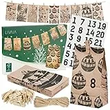 LIVAIA Adventskalender zum Befüllen 2025 - Adventskalender Tüten Set mit 24 Papiertüten, Holzklammern, Aufklebern, Jute Schnur - Weihnachts Adventskalender Basteln - Braun mit Schwarzen Motiven