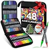 Zenacolor 48 Acrylstifte für Steine wasserfest mit Doppelspitze (feine Spitze und Pinsel) - Acrylstifte verschiedene Oberflächen - Multimarker Acryl mit einer Tasche
