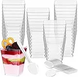 Gttyowyin 50 Stück Desserttasse mit 50 Stück Löffeln, 5 OZ /160ML Dessertbecher Klare Dessertschalen Wiederverwendbar Quadrat Desserttassen Becher für Zuhause Desserts Pudding Mousse Eis Party