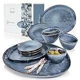 SÄNGER | Darwin 11-teiliges Servierschalen in Blau, Steinzeug Handmade Set inkl. Servierteller groß, Dipschalen und Snackteller, Steingut Teller | PREMIUM COLLECTION