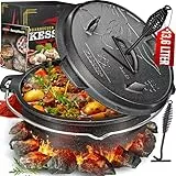 KESSER® Dutch Oven Set BBQ 13,6 Liter Feuertopf Schmortopf, Gusseisen Topf mit Deckelheber Henkel und Schlitz für Themormeter, kochkessel Grilltopf Gulaschkessel für Oudoor & Indoor