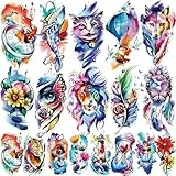 Acevegue 79 Blätter Aquarell Temporäre Tattoos, 15 Blätter Große Realistische Löwen Wolf fake tattoos, 64 Blätter Kleine 3D Blumen Schmetterling klebe tattoo in Bunt für Erwachsene Halloween Deko