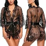 Bcenoilua Sexy Damen Dessous Set Transparent Spitzen Kimono Robe Morgenmantel Sexy V-Ausschnitt Erotische Negligee Langarm Babydoll Nachtkleid Unterwäsche Set mit Satin Gürtel und G-String