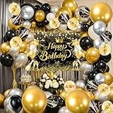 YinQin 80 Stück Schwarz Gold Glückwunsch Geburtstagsfeier Ballons mit Foto Hintergründe Banner Tuch Glitzer Schwarz Golden Ballon Deko Glückwunsch Geburtstagsfeier Zubehör für Männer Frauen